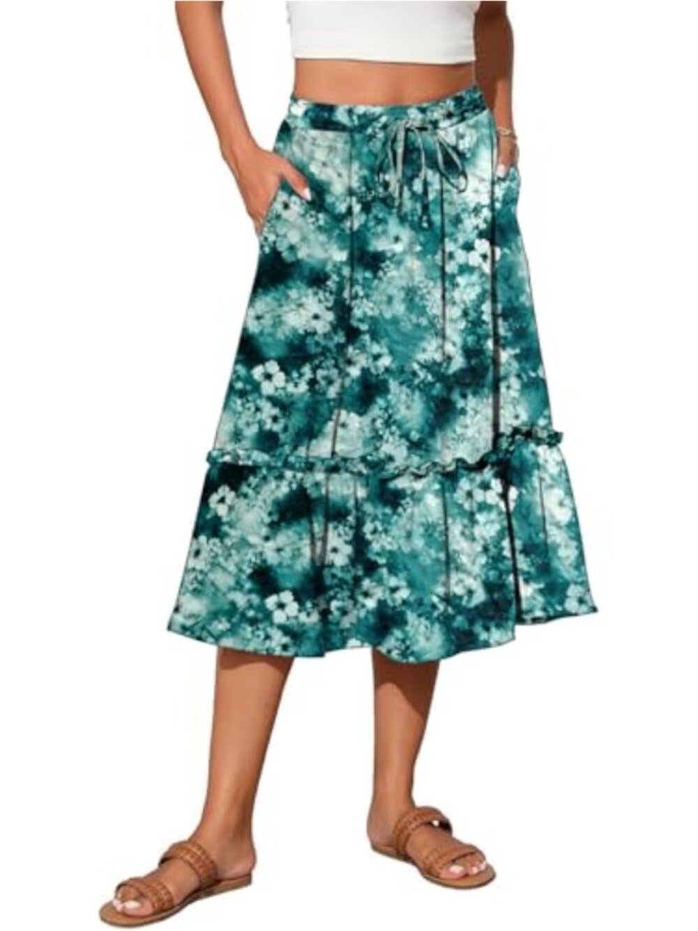 Women's Midi Skirt Elastic Waist Pleated A-Line Flowy Swing Boho with Pockets